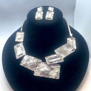 Malino jewelry, silver tone, pounded silver statement necklace with earrings